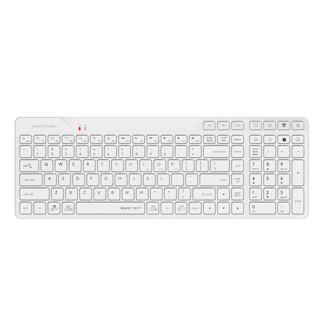 A4Tech FBK27C AS Bluetooth & 2.4G Rechargeable Wireless Keyboard White Edition with elegant style and quiet keys in Pakistan